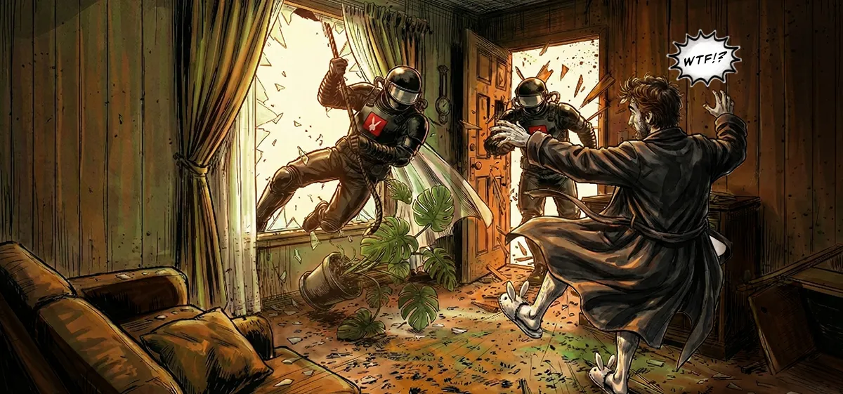 PANEL 15 The flimsy wooden apartment door EXPLODES inward in a shower of splinters. ANNOUNCER VOICE: Dilation Score MAXIMIZED. NEIL: It's just a tape!