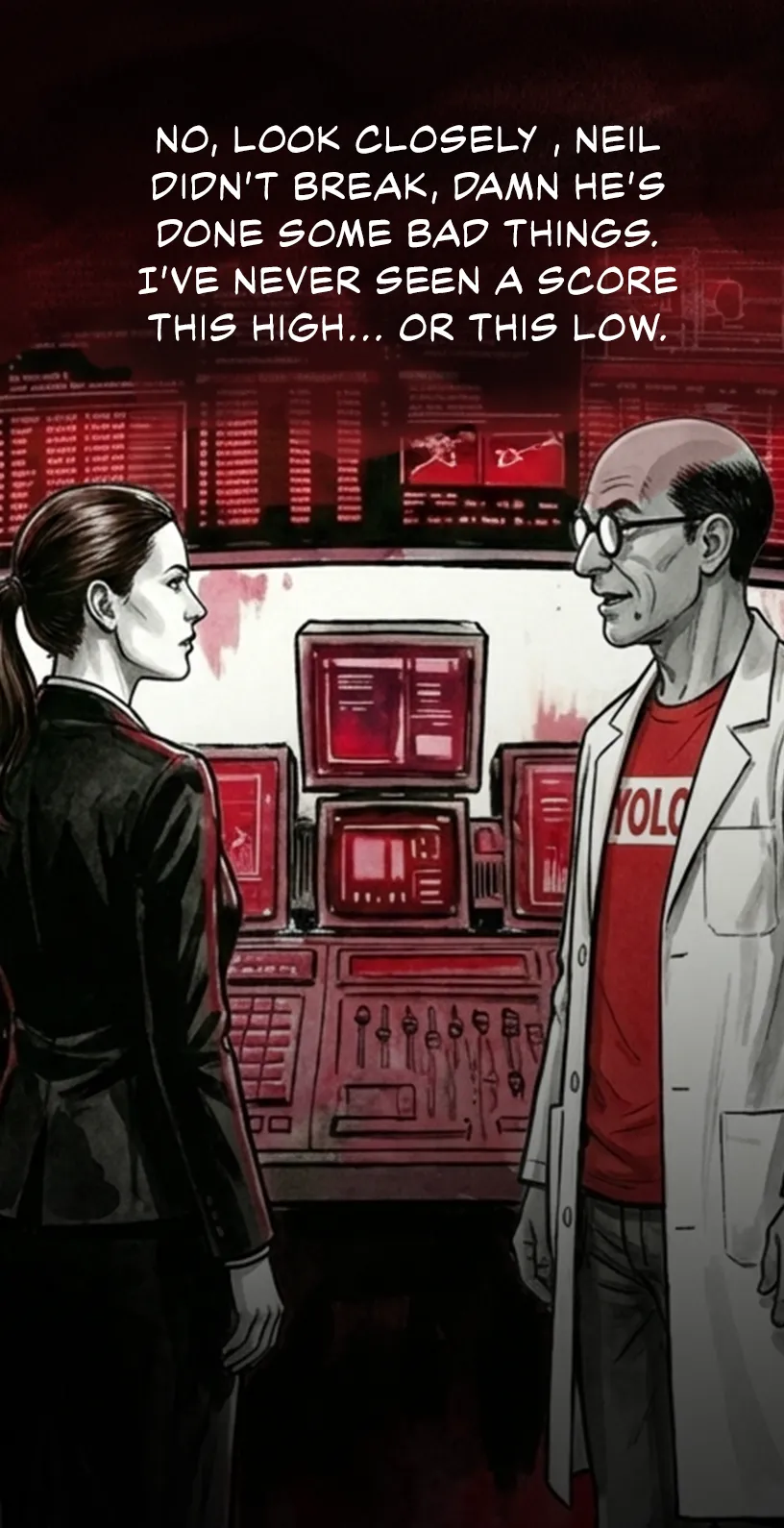 PANEL 43 INT. CONTROL ROOM - PRESENT Sanders and Sarah stare at the screen in horrified silence. The terminal is beginning to smoke from the data overload.