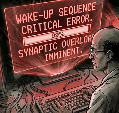PANEL 20 Sanders’ monitor screen. A progress bar is stuck at 99%. Huge red text flashes over it. TEXT: WAKE-UP SEQUENCE HANGING. SYNAPTIC OVERLOAD IMMINENT.