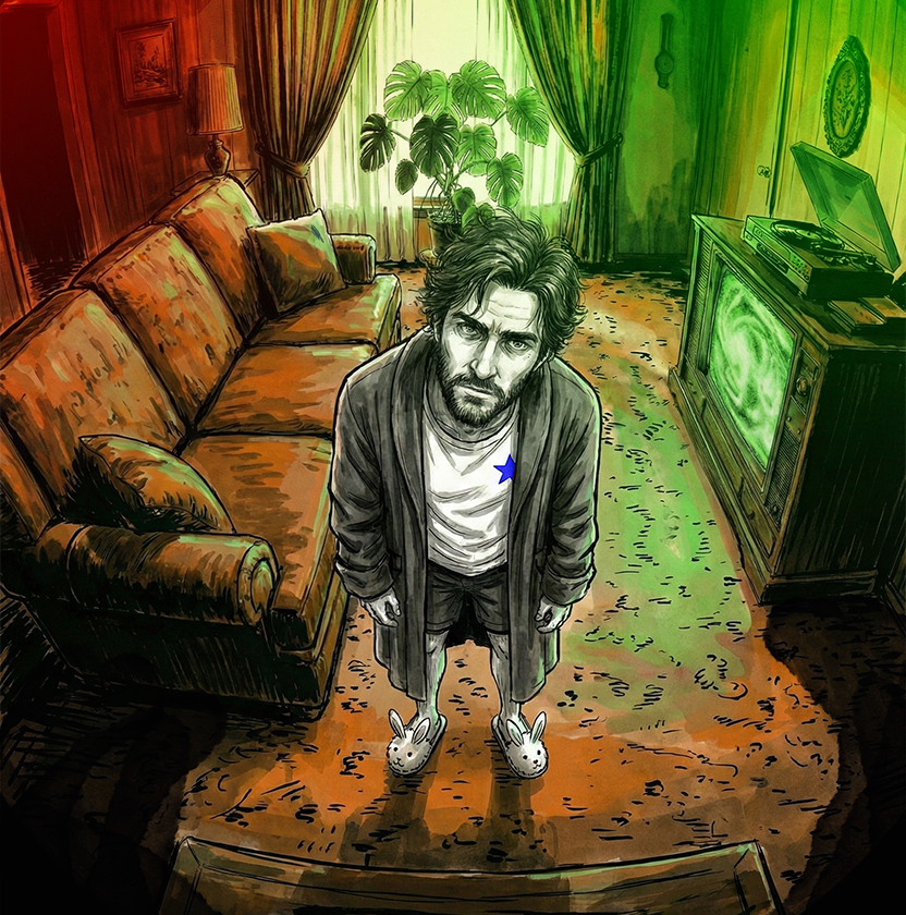 PANEL 11 INT. SIMULATION - 1978 APARTMENT Neil sits on a tacky velour couch in a very brown and orange 1970s apartment. A CRT TV shows static. He looks incredibly bored. NEIL: (Thought bubble) Two weeks of this? Ugh.