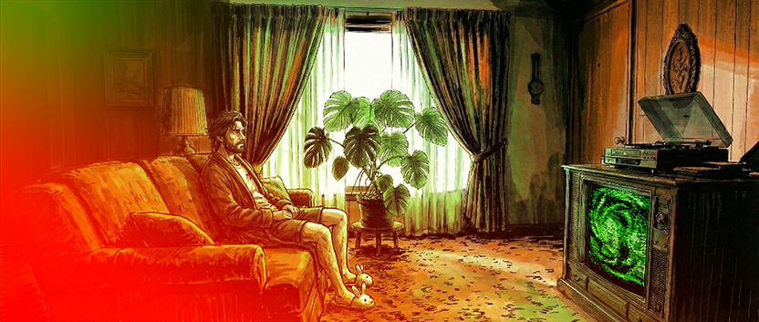 PANEL 11 INT. SIMULATION - 1978 APARTMENT Neil sits on a tacky velour couch in a very brown and orange 1970s apartment. A CRT TV shows static. He looks incredibly bored. NEIL: (Thought bubble) Two weeks of this? Ugh.