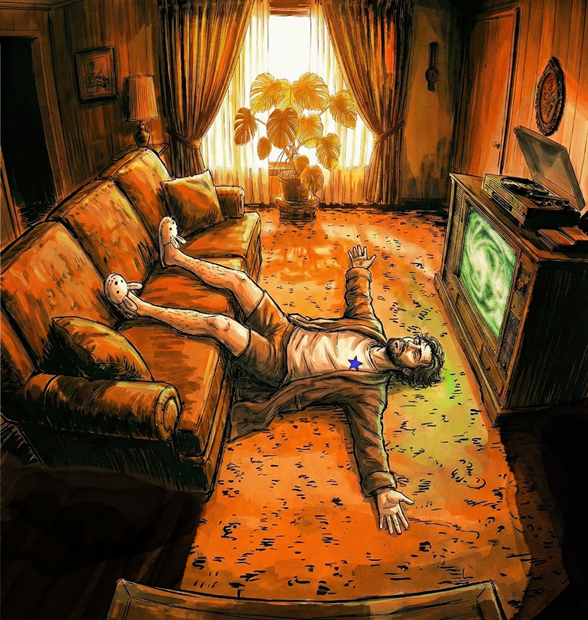 PANEL 11 INT. SIMULATION - 1978 APARTMENT Neil sits on a tacky velour couch in a very brown and orange 1970s apartment. A CRT TV shows static. He looks incredibly bored. NEIL: (Thought bubble) Two weeks of this? Ugh.