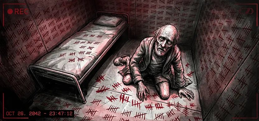 PANEL 41 Neil, withered and incredibly old, dying on a metal cot in a futuristic cell covered in billions of tally marks. ANNOUNCER (OP): Subject expired. Resetting.