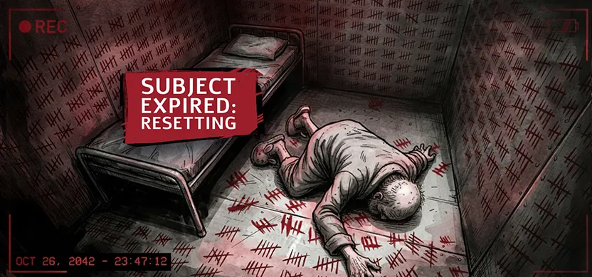 PANEL 41 Neil, withered and incredibly old, dying on a metal cot in a futuristic cell covered in billions of tally marks. ANNOUNCER (OP): Subject expired. Resetting.