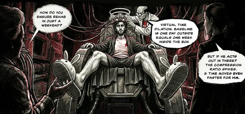 PANEL 4 Neil is strapped into the high-tech interface chair. Sanders attaches sensors to Neil's temples. HALLOWAY (OP): How do you ensure rehab in just a weekend? SANDERS: Subjective dilation. Baseline is two weeks inside. But the score is reactive.