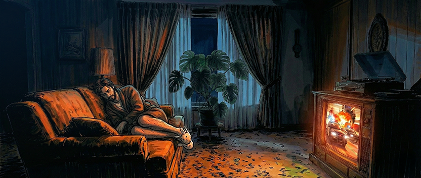 PANEL 11 INT. SIMULATION - 1978 APARTMENT Neil sits on a tacky velour couch in a very brown and orange 1970s apartment. A CRT TV shows static. He looks incredibly bored. NEIL: (Thought bubble) Two weeks of this? Ugh.