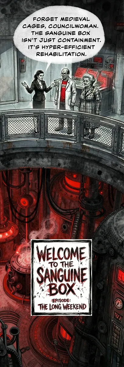 PANEL 1 VANCE: forget medieval cages, Councilwoman. The Sanguine Box isn't just containment. It's hyper-efficient rehabilitation.