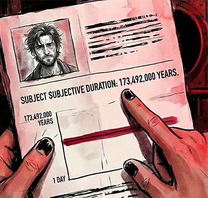 PANEL 37 Close up on the paper report. A finger points to a line item. TEXT: SUBJECT SUBJECTIVE DURATION: 173,492,000 YEARS.