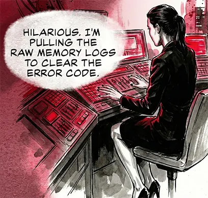 PANEL 39 Sarah types at a console. SARAH: Hilarious. I'm pulling the raw memory logs to clear the error code.