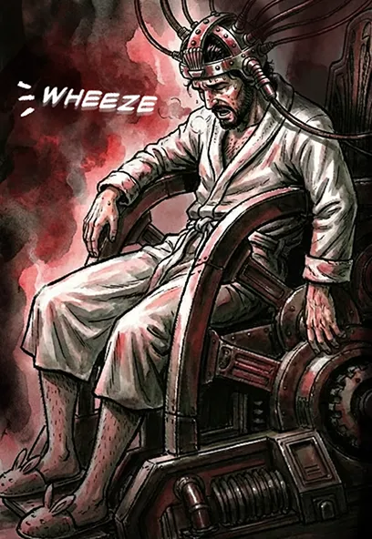 PANEL 26 Neil collapses back into the chair, panting heavily.